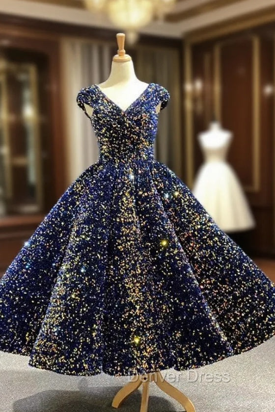 Blue Ball Gown Sequins V-neck Cap Sleeve Prom Dresses