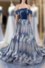 Blue Ball Gown Silver Sequins Off the Shoulder Prom Dresses