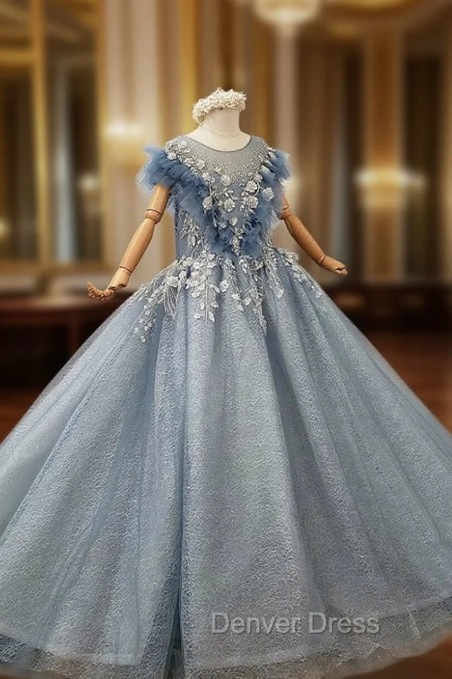 Blue Ball Gown Tulle Appliques Beading Flwoer Girl Dresses Main image