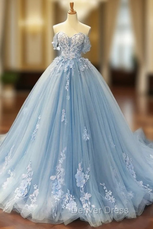Blue Ball Gown Tulle Appliques Off The Shoulder Backless Sweet 16 Prom Dresses Main image