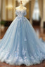 Blue Ball Gown Tulle Appliques Off The Shoulder Backless Sweet 16 Prom Dresses