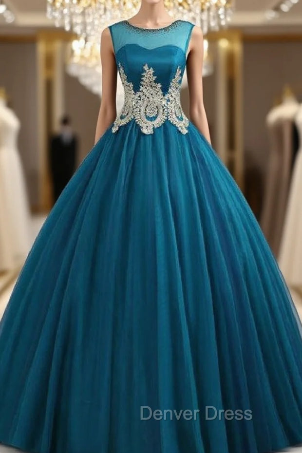 Blue Ball Gown Tulle Appliques Quinceanera Dresses
