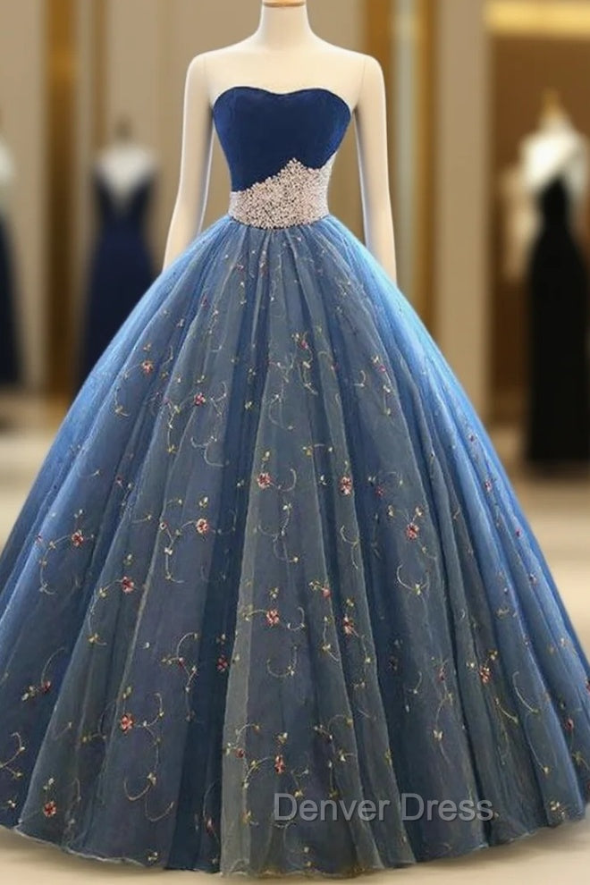 Blue Ball Gown Tulle Floor Length Strapless Princess Quinceanera Dresses Main image