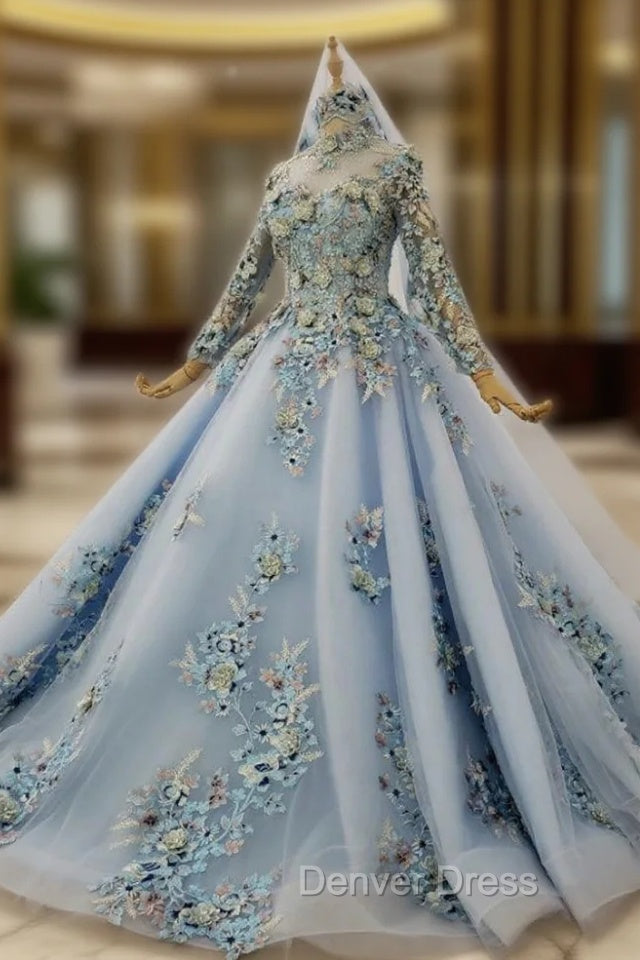 Blue Ball Gowns Tulle High Neck Long Sleeve Appliques Beading Wedding Dressading Wedding Dresses Main image