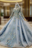 Blue Ball Gowns Tulle High Neck Long Sleeve Appliques Beading Wedding Dressading Wedding Dresses