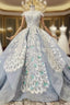 Blue Ball Gown Tulle Lace Appliques Cap Sleeve Luxury Wedding Dresses With Beading