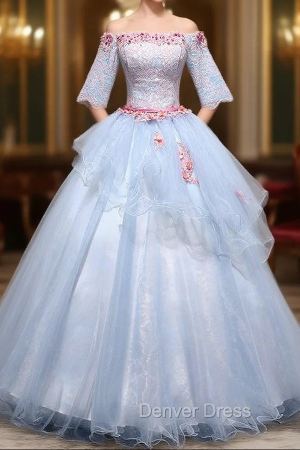 Blue Ball Gown Tulle Lace Short Sleeve Lace Quinceanera Dresses