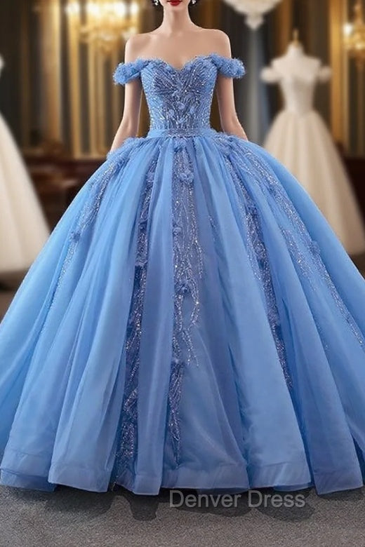 Blue Ball Gown Tulle Off the Shoulder Sequins Appliques Prom Dresses Main image