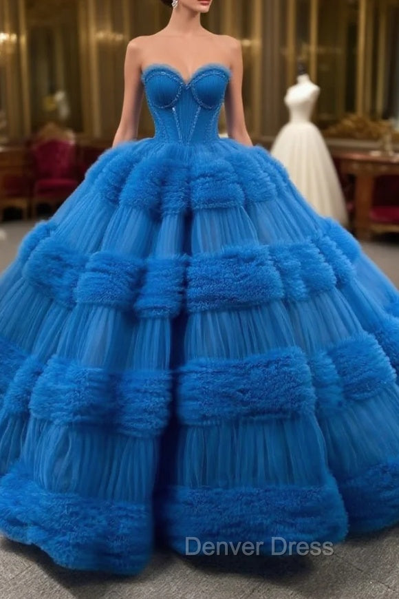 Blue Ball Gown Tulle Pink Tulle Pleats Beading Prom Dresses Main image
