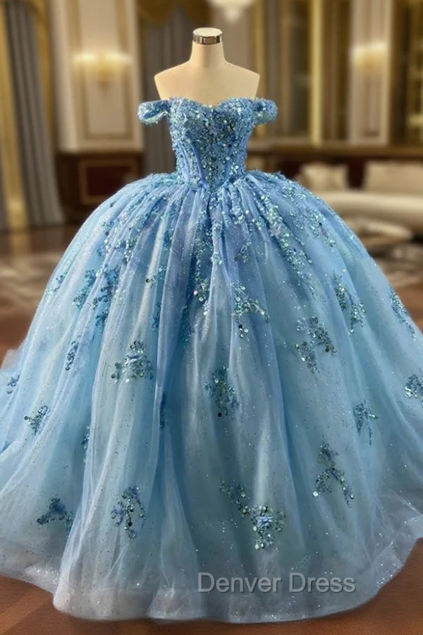 Blue Ball Gown Tulle Sequins Flower Prom Dresses Main image