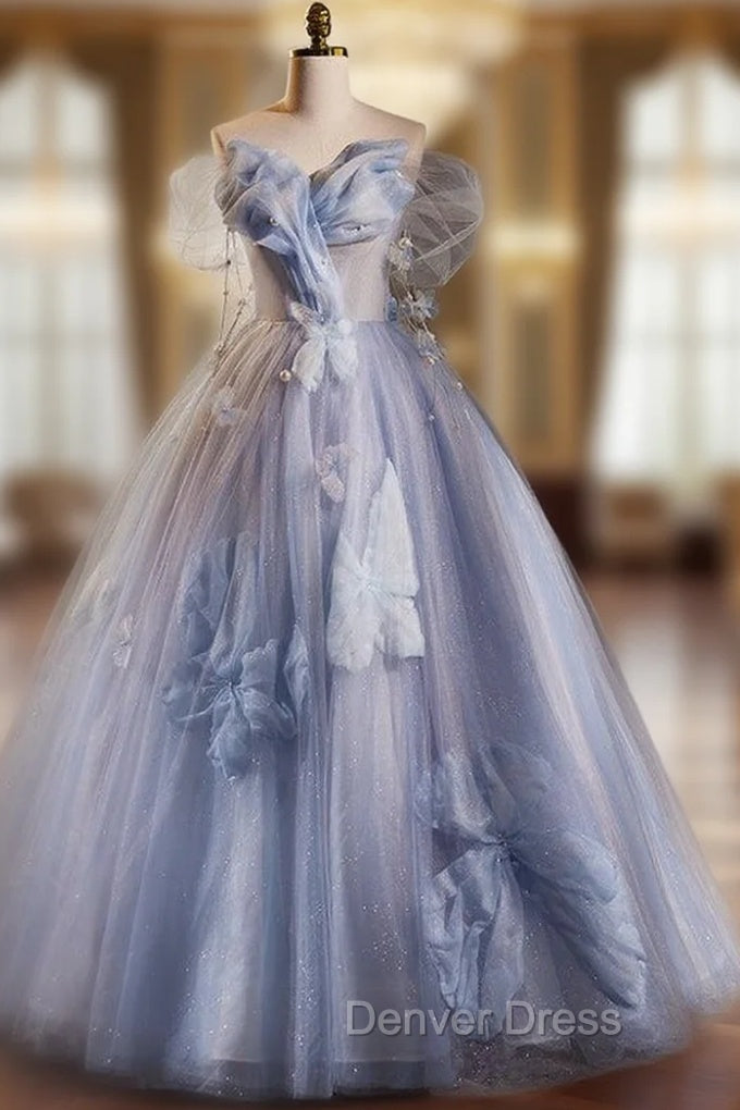 Blue Ball Gown Tulle Sequins Off the Shoulder Beading Prom Dresses Main image