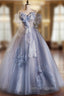 Blue Ball Gown Tulle Sequins Off the Shoulder Beading Prom Dresses