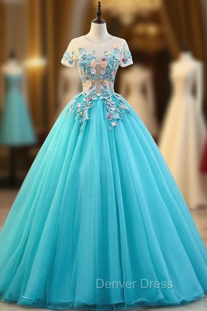 Blue Ball Gown Tulle Short Sleeve Appliques Quinceanera Dresses Main image