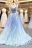 Blue Ball Gown Tulle Spaghetti Straps Beading Prom Dresses