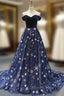 Blue Ball Gown Tulle Star Sequins Off the Shoulder Prom Dresses
