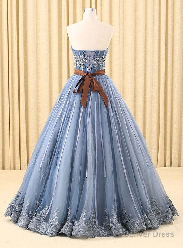 Blue Ball Gowns Tulle Sweetheart Appliques Wedding Dresses