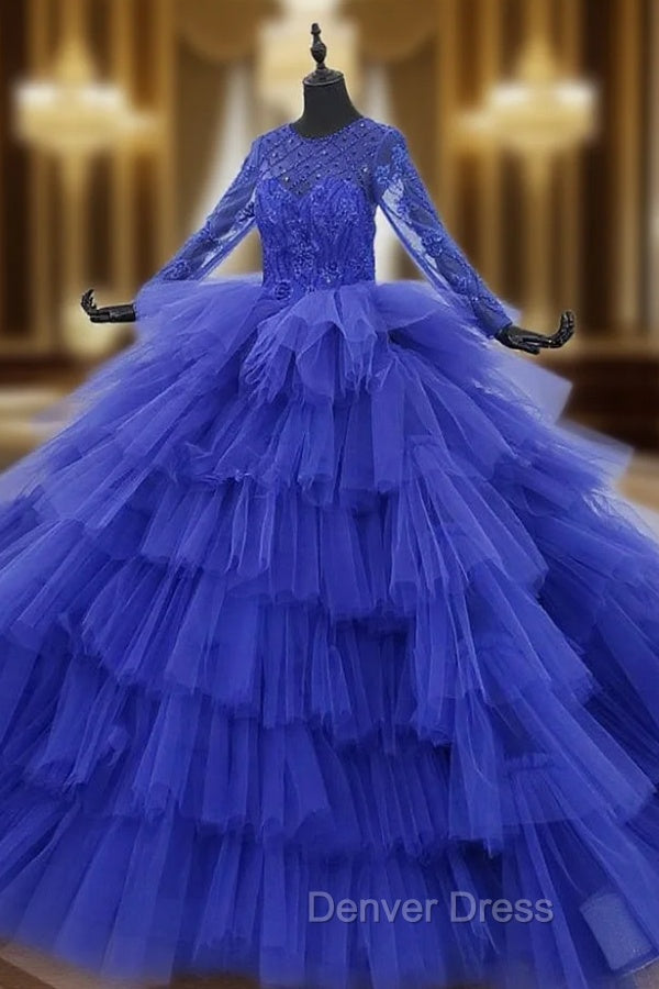 Blue Ball Gowns Tulle Tiers Long Sleeve Beading Wedding Dresses