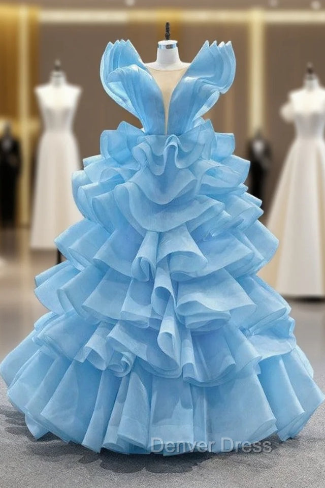 Blue Ball Gown Tulle Tiers See Through V-neck Prom Dresses Main image