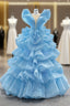 Blue Ball Gown Tulle Tiers See Through V-neck Prom Dresses