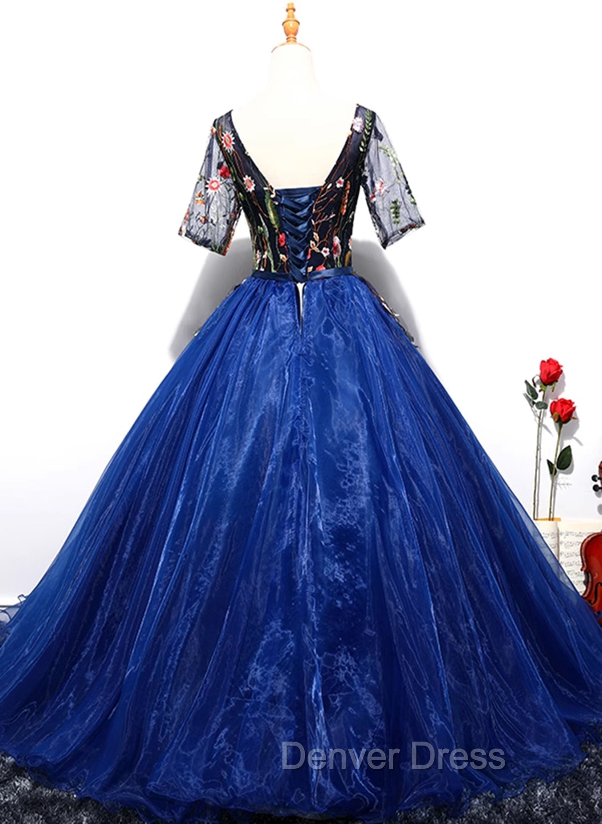 Blue Ball Gowns Tulle with Lace Short Sleeves Prom Dress, Blue Sweet 16 Dresses Secondary image