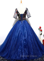 Blue Ball Gowns Tulle with Lace Short Sleeves Prom Dress, Blue Sweet 16 Dresses
