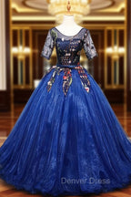 Blue Ball Gowns Tulle with Lace Short Sleeves Prom Dress, Blue Sweet 16 Dresses