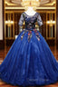 Blue Ball Gowns Tulle with Lace Short Sleeves Prom Dress, Blue Sweet 16 Dresses