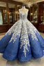 Blue Ball Gown White 3D Appliques Prom Dresses