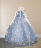 Blue Ball Gown with Scattered Little Flower Prom Dresses