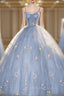 Blue Ball Gown with Scattered Little Flower Prom Dresses