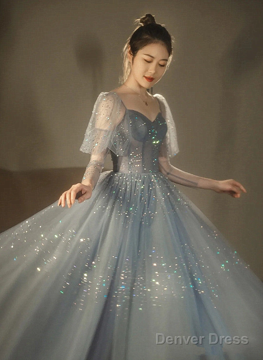 Blue Beaded A-Line Tulle Long Party Dress, Blue Evening Dress Prom Dress Main image