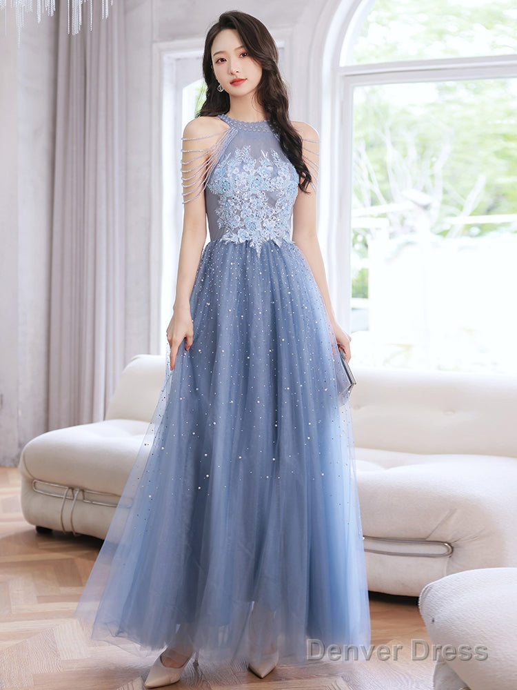 Blue Beaded And Lace Applique Long Party Dress, Blue Formal Dresses Secondary image