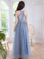 Blue Beaded And Lace Applique Long Prom Dress, Blue Prom Dresses