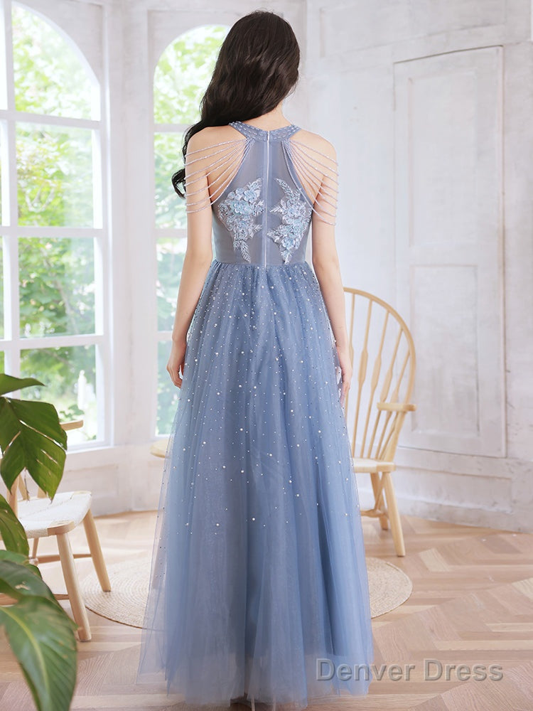 Blue Beaded And Lace Applique Long Prom Dress, Blue Prom Dresses