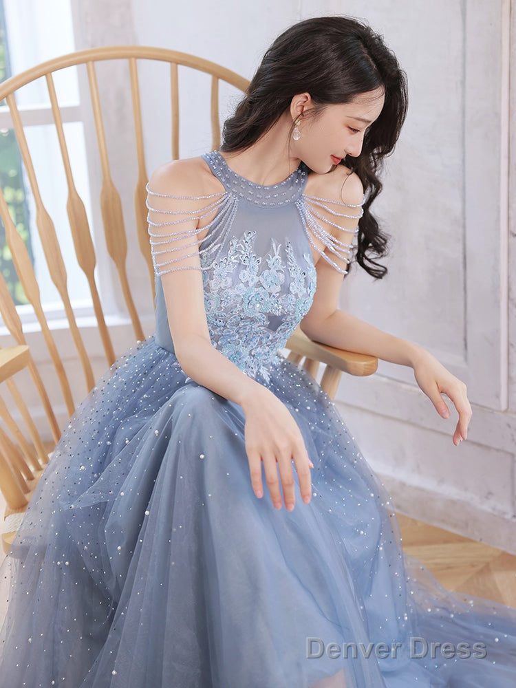 Blue Beaded And Lace Applique Long Party Dress, Blue Formal Dresses Main image