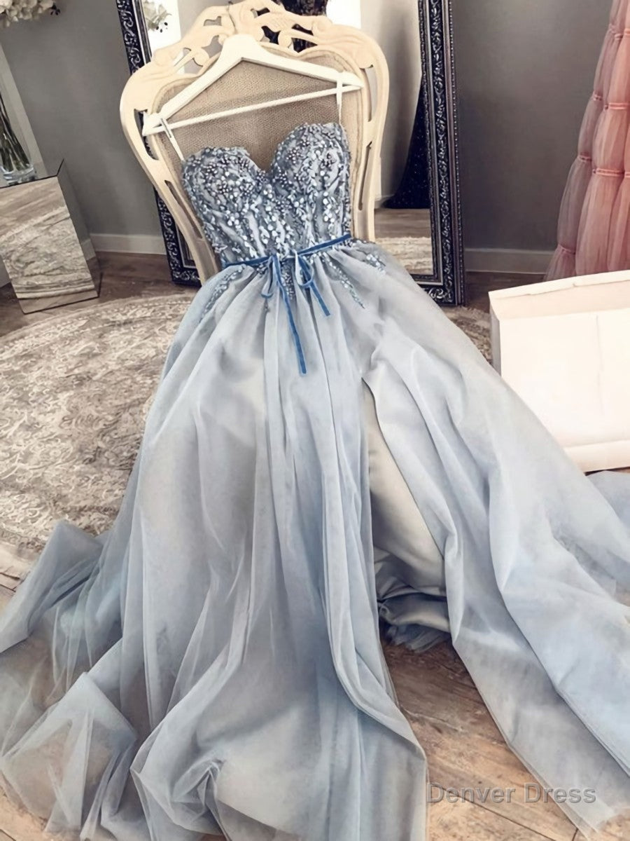 Blue Beaded Long Prom Dress, Sweetheart Neck Blue Long Prom Dresses with Beadings