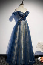 Blue Beaded Off Shoulder Sweetheart Shiny Tulle Prom Dress, Blue Prom Dress