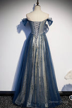 Blue Beaded Off Shoulder Sweetheart Shiny Tulle Party Dress, Blue Evening Dress Prom Dress