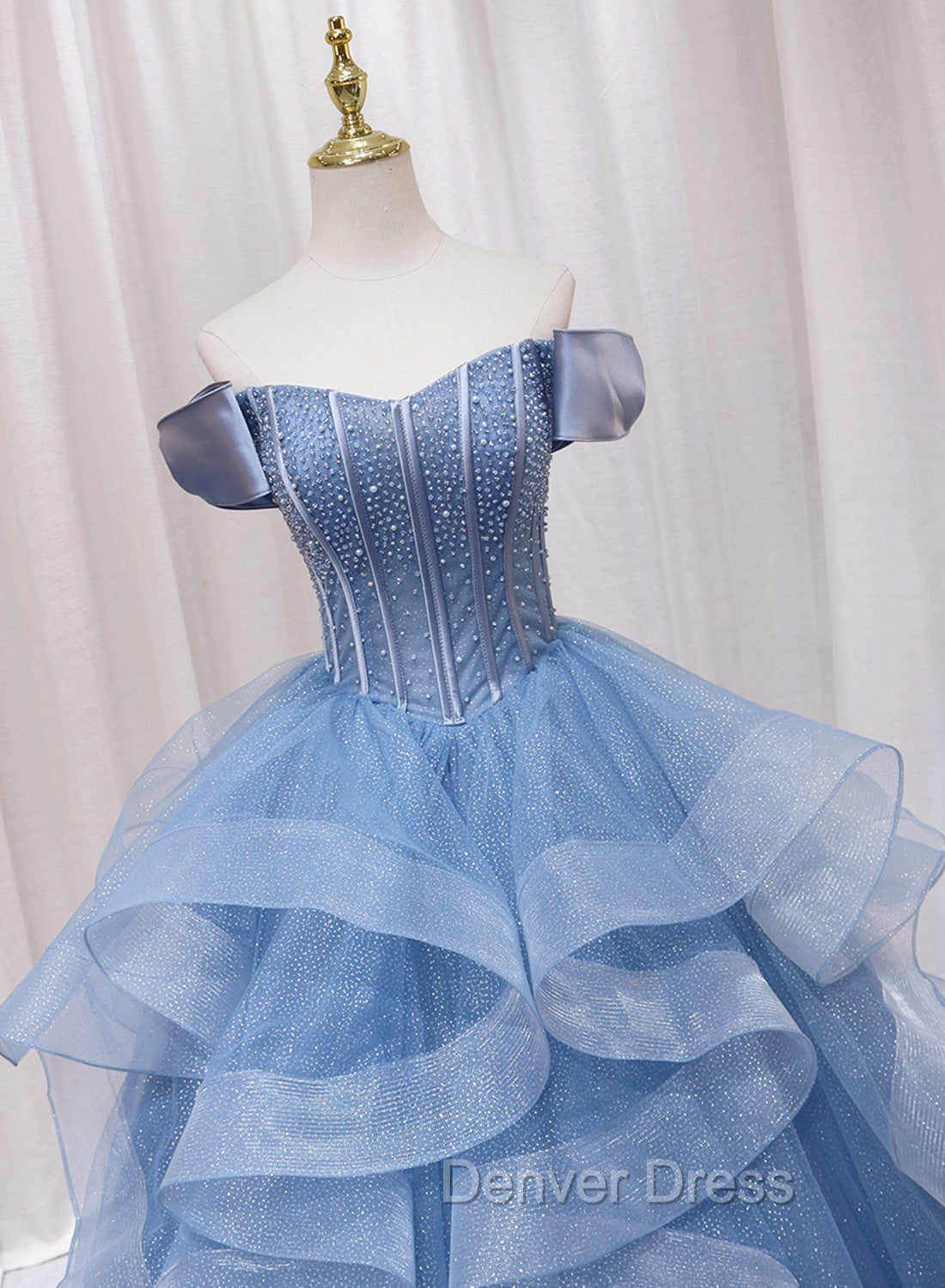 Blue Beaded Off Shoulder Tulle Long Formal Dresses, Blue Evening Dresses Prom Dresses
