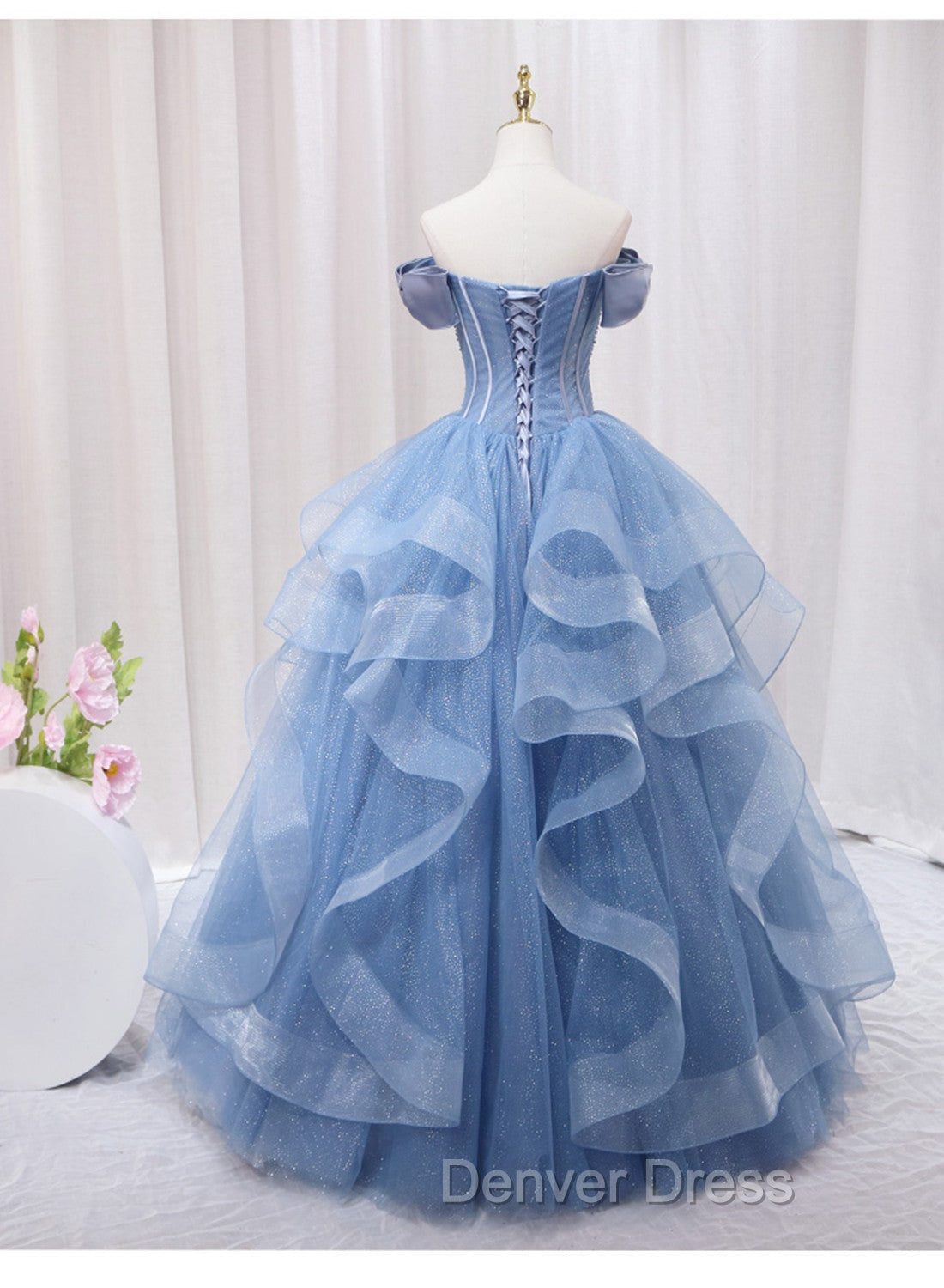 Blue Beaded Off Shoulder Tulle Long Formal Dresses, Blue Evening Dresses Prom Dresses Secondary image