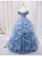 Blue Beaded Off Shoulder Tulle Long Formal Dresses, Blue Evening Dresses Prom Dresses