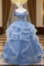 Blue Beaded Off Shoulder Tulle Long Formal Dresses, Blue Evening Dresses Prom Dresses