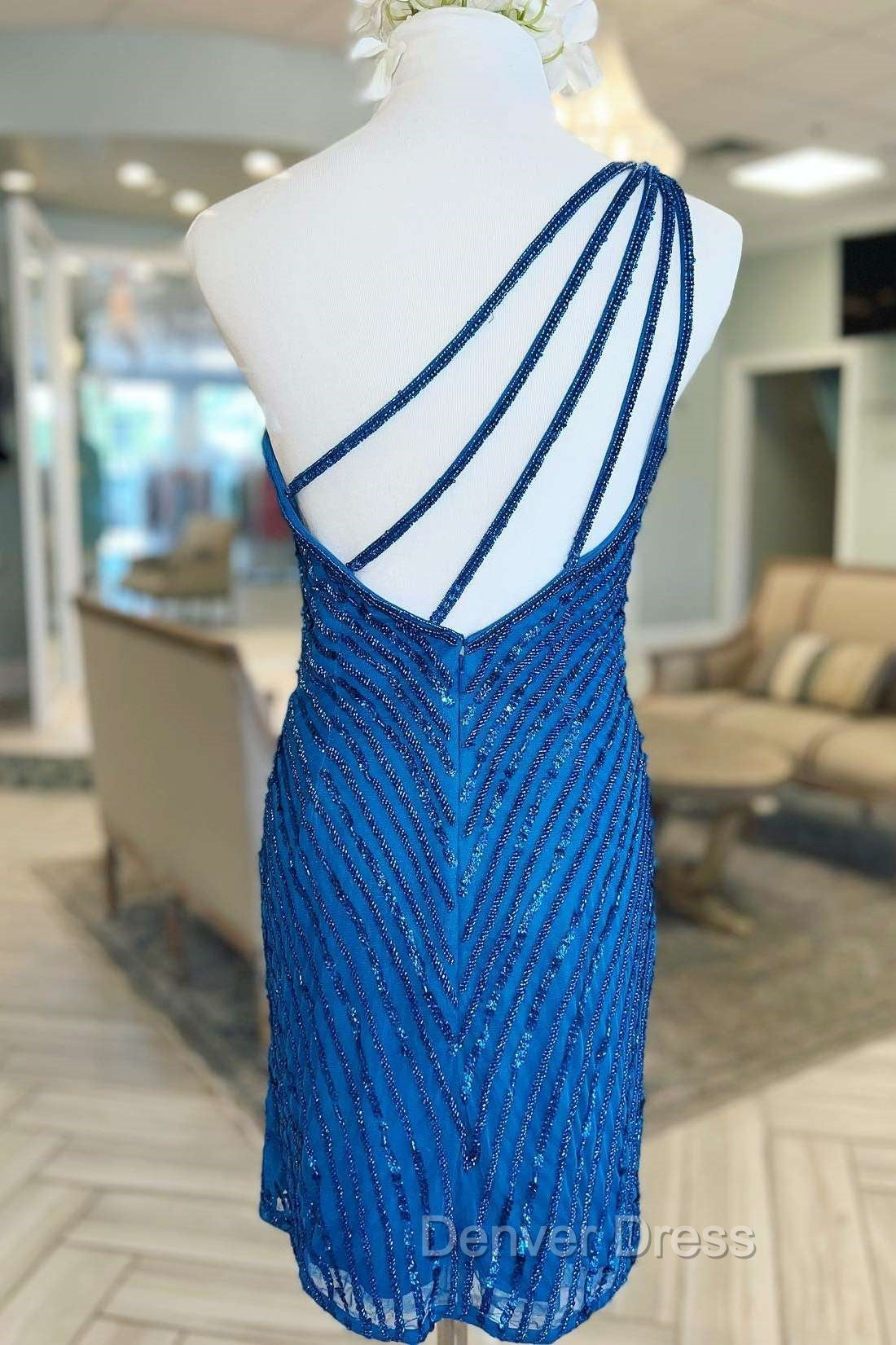 Blue Beaded One-Shoulder Short Cocktail Dresses Secondary image