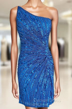 Blue Beaded One-Shoulder Short Cocktail Dresses
