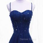 Blue Beaded Straps A-line Tulle New Prom Dresses Party Dresses, Blue Floor Length Party Dresses