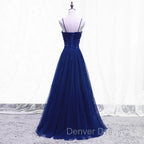 Blue Beaded Straps A-line Tulle New Prom Dresses Party Dresses, Blue Floor Length Party Dresses