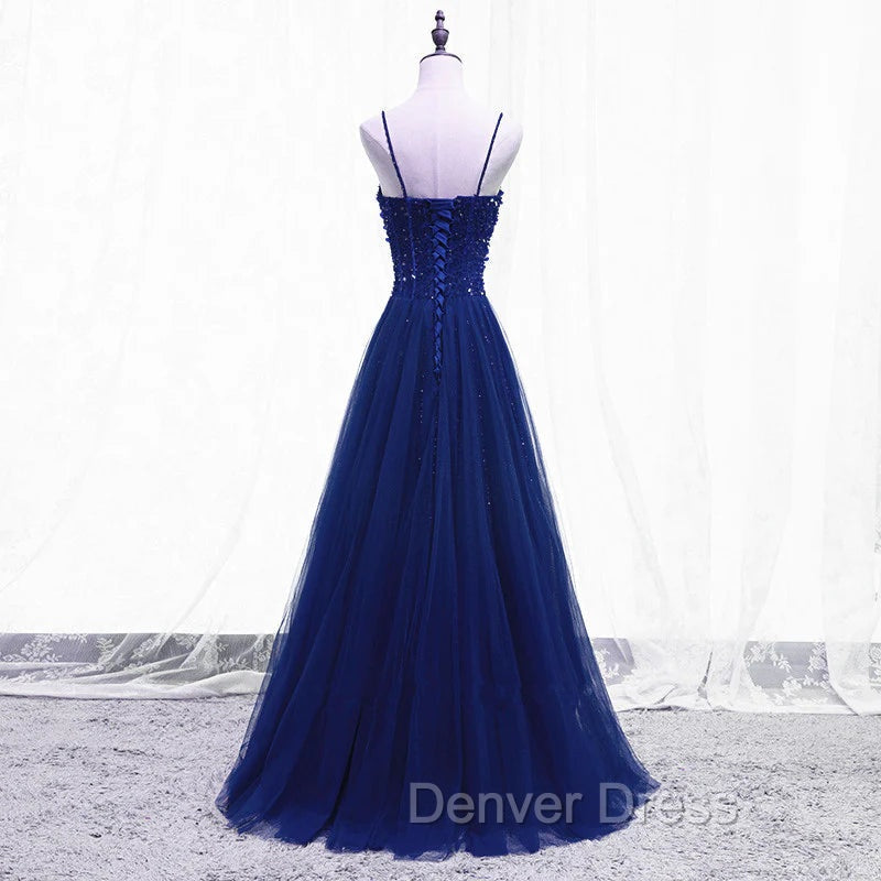 Blue Beaded Straps A Line Tulle New Prom Dress Prom Dress, Blue Floor Length Prom Dresses