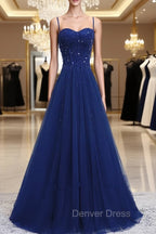 Blue Beaded Straps A-line Tulle New Prom Dresses Party Dresses, Blue Floor Length Party Dresses