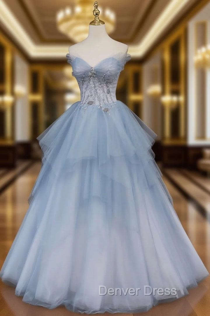 Blue Beaded Sweetheart Long Prom Dress Blue Prom Dress shops Main image