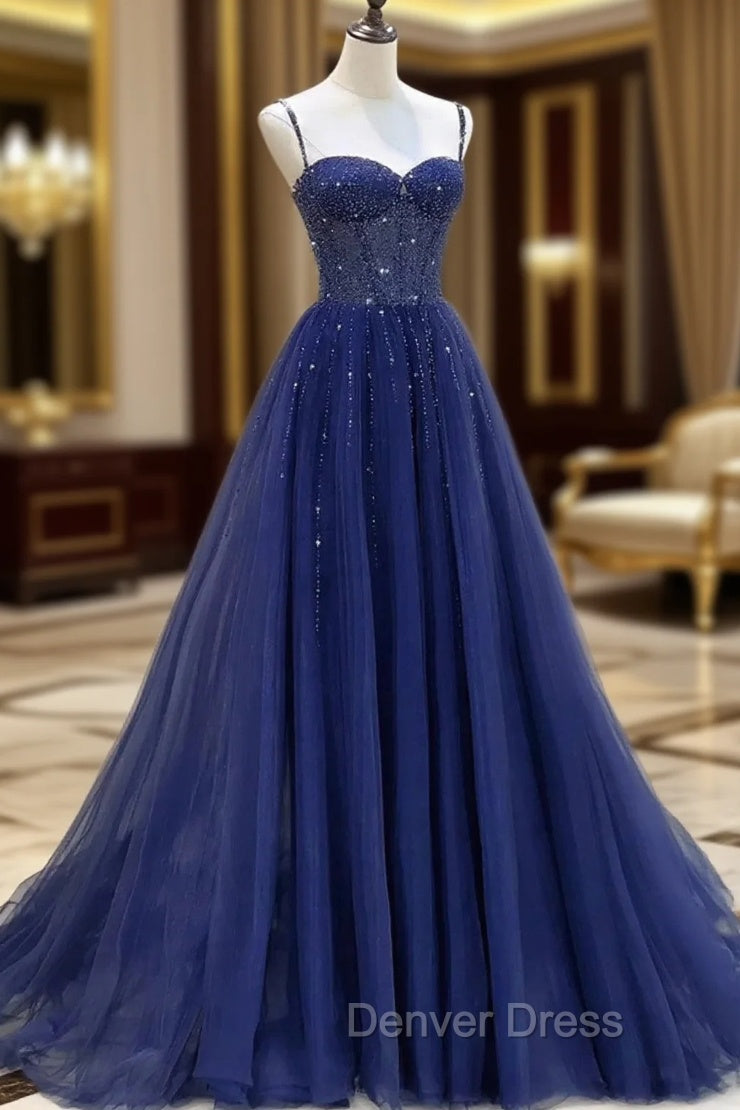 Blue Beaded Sweetheart Tulle A-line Prom Dresses, Blue Long Party Dresses Main image